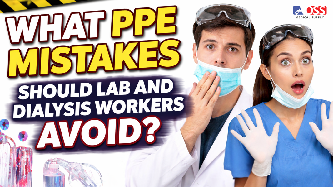 'What PPE Mistakes Should Lab and Dialysis Workers Avoid?' with two healthcare workers making common PPE errors, marked with red 'X' symbols, and various PPE items in the background. 