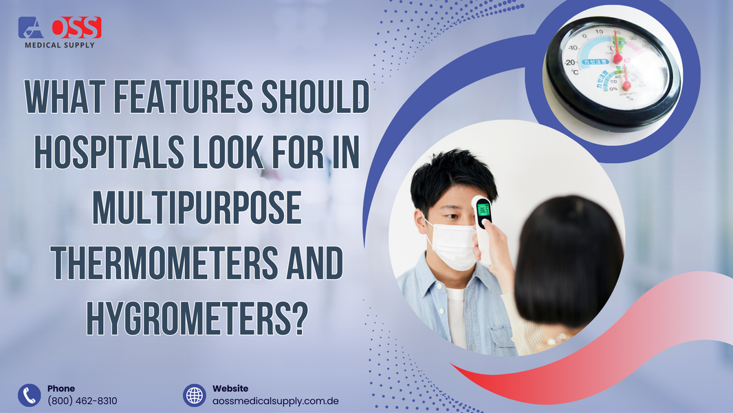 A healthcare professional using a non-contact infrared thermometer with a close-up of a multipurpose thermometer and hygrometer.