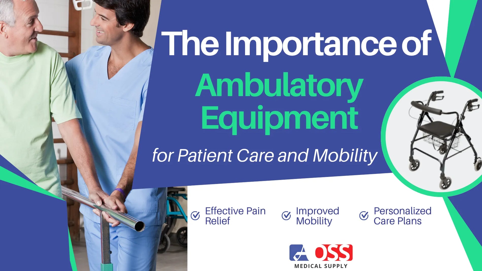 Promotional graphic for "The Importance of Ambulatory Equipment," showing a therapist helping a patient walk. Highlights pain relief, improved mobility, and personalized care plans. Features an image of a walker and the AOSS Medical Supply logo.