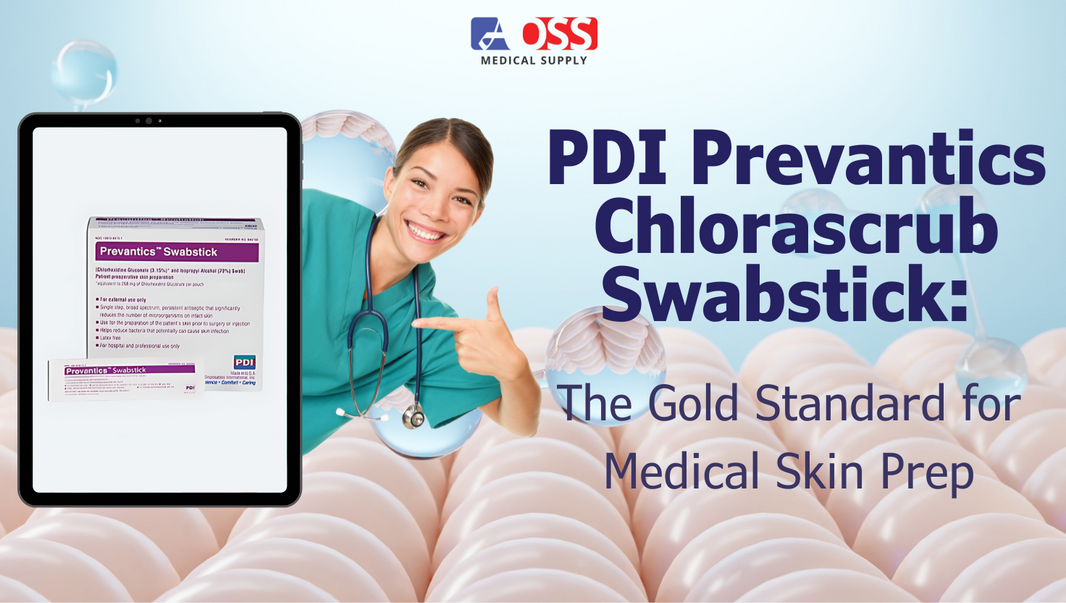 A product shot of PDI Prevantics Chlorascrub Swabstick, a medical antiseptic swabstick with a clear handle and a small orange-colored tip. 