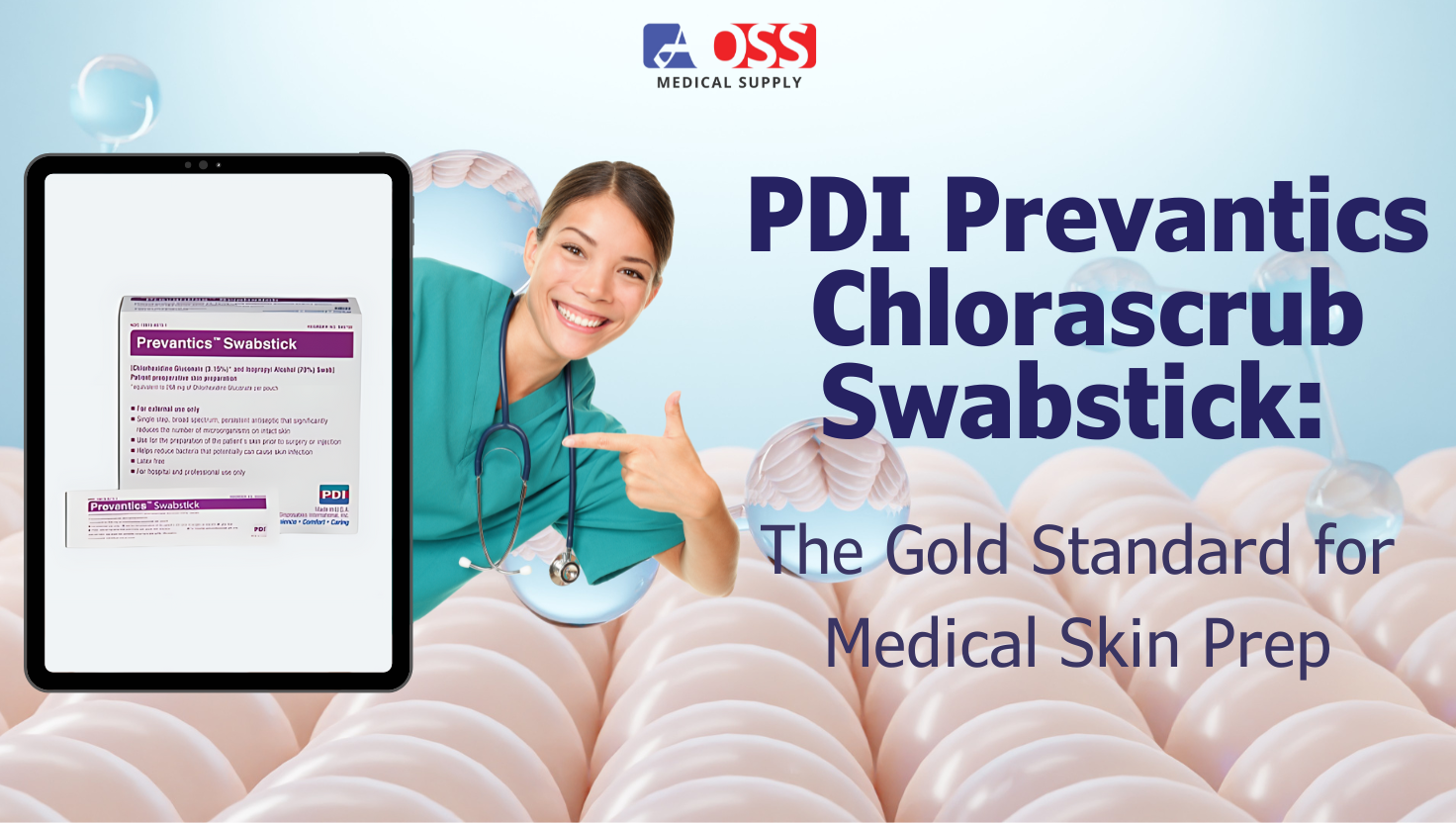 A product shot of PDI Prevantics Chlorascrub Swabstick, a medical antiseptic swabstick with a clear handle and a small orange-colored tip. 