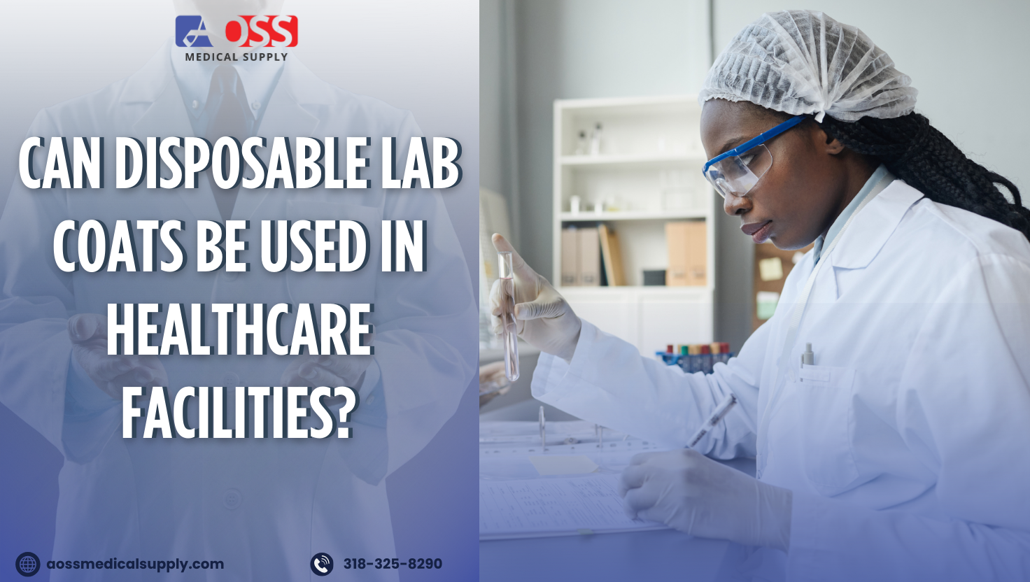 : A female scientist examines a test tube in a lab, with text and a logo for AOSS Medical Supply.