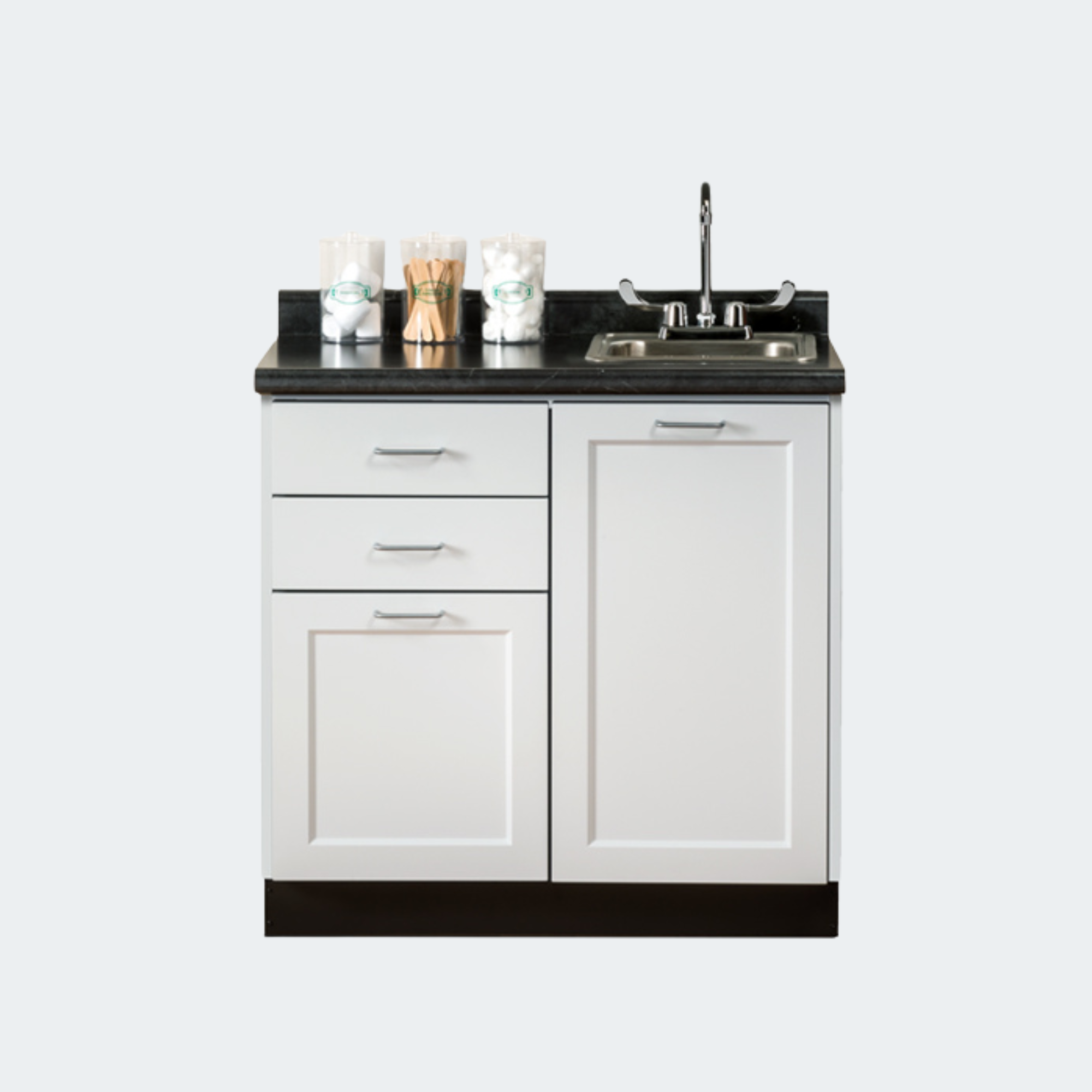 36" Fashion Finish, Base Cabinet with 2 Doors and 2 Drawers and 42" Postform countertop with top mount sink and duel lever faucet