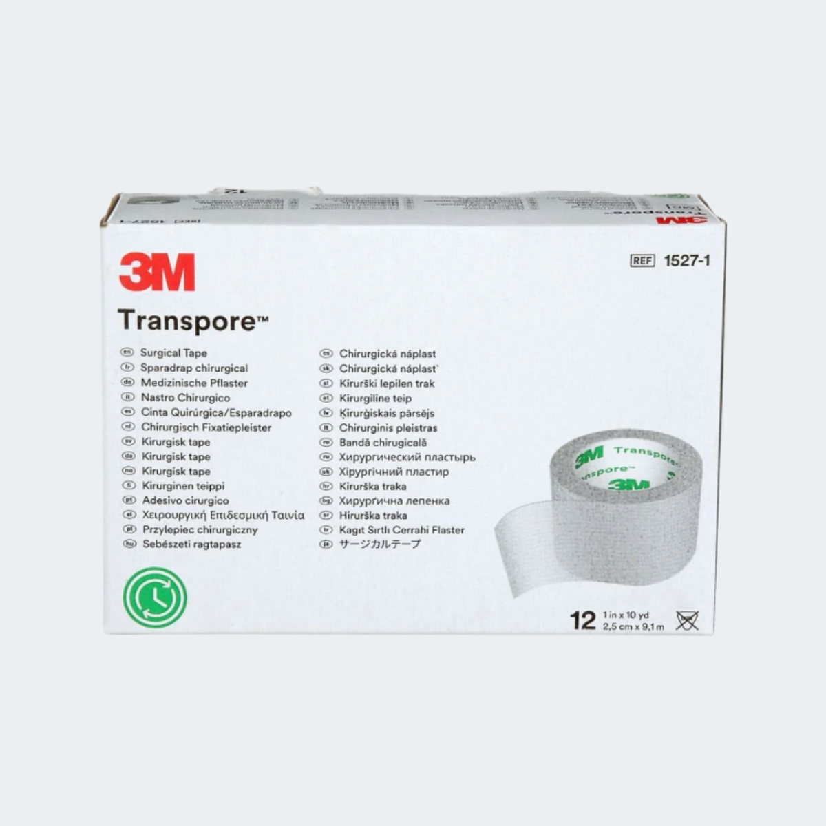 A box of 3M Transpore surgical tape, model 1527-1, shown on a light gray background. The white packaging features the red 3M logo, product details in multiple languages, a green circular icon, and a graphic of a roll of green and white tape.