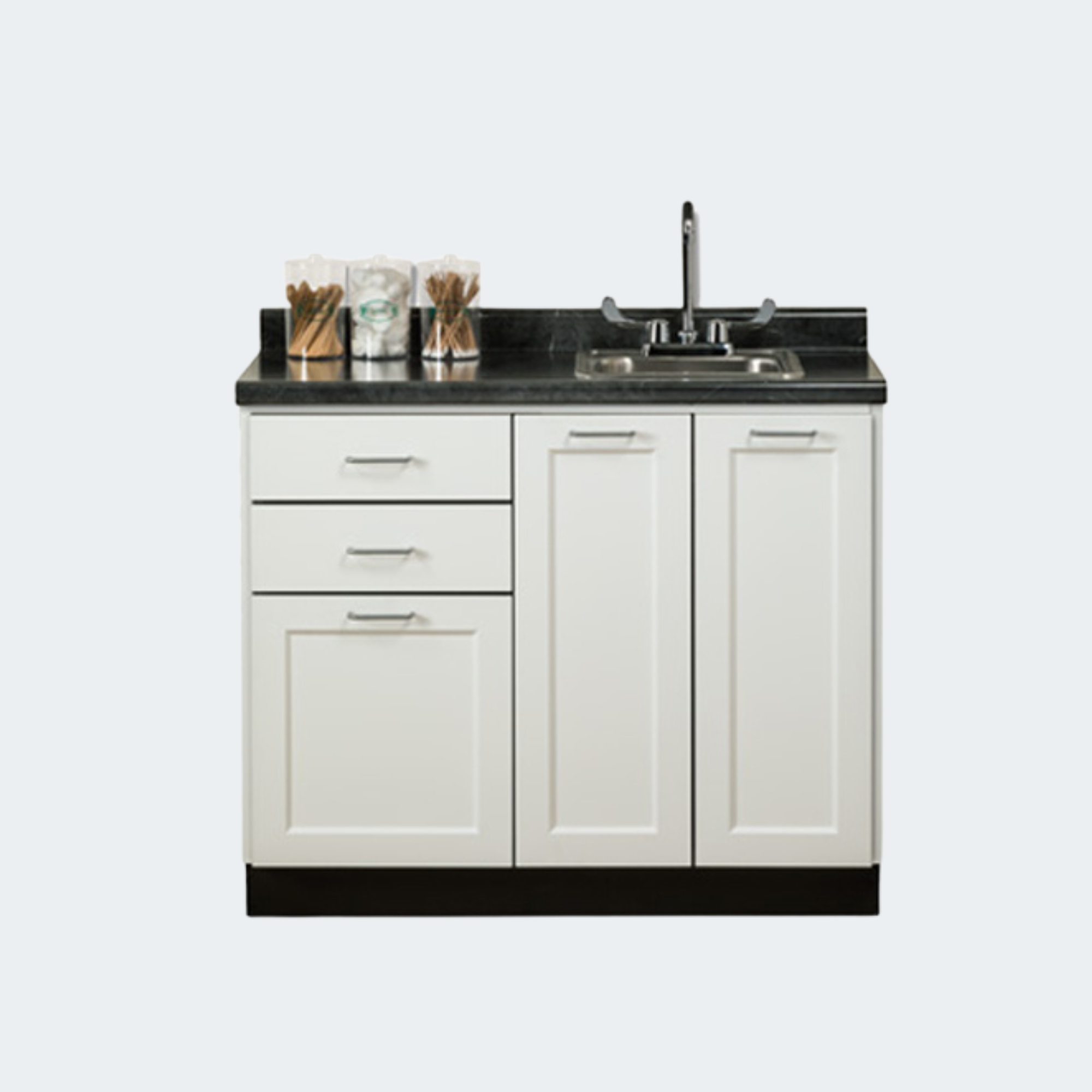 42" Fashion Finish, Base Cabinet with 3 Doors and 2 Drawers and 42" Postform countertop with top mount sink and duel lever faucet