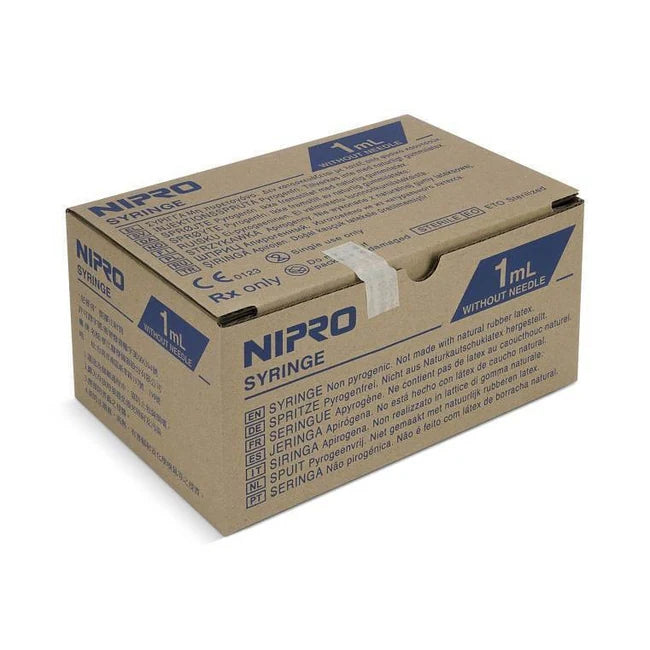 Cardboard box of Nipro syringes on a white background