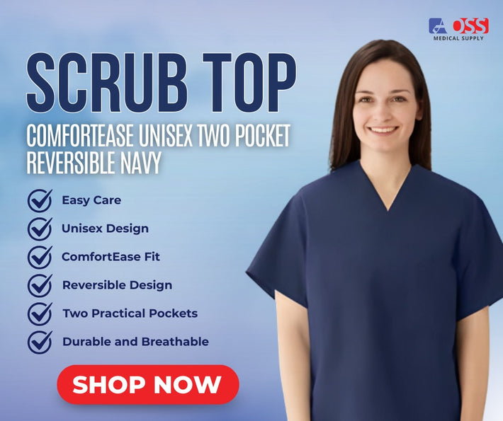 Woman wearing a navy scrub top with product details on a blue background.