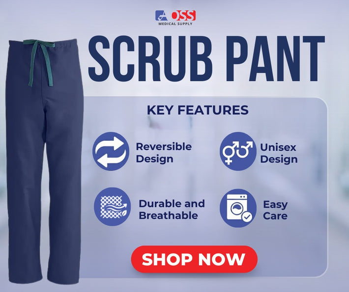 Navy scrub pants with key features listed on a light blue background, featuring the OSS brand.