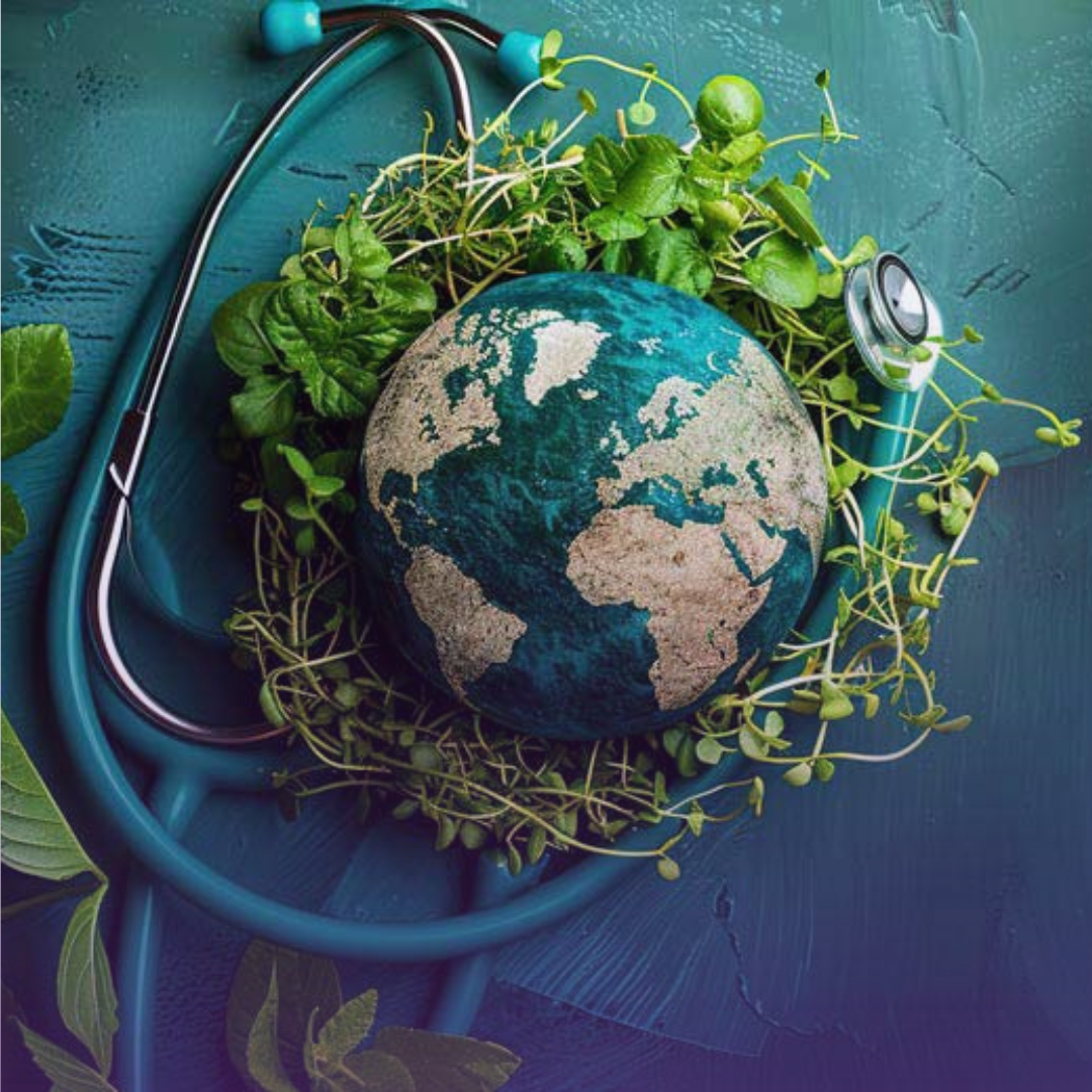 Under "BUILDING GREENER FUTURE Through Sustainable Practices in Medical Supply Distribution": A vibrant green and blue globe nestled within fresh green foliage, encircled by a teal stethoscope, symbolizing the integration of environmental sustainability with global health and medical practices.