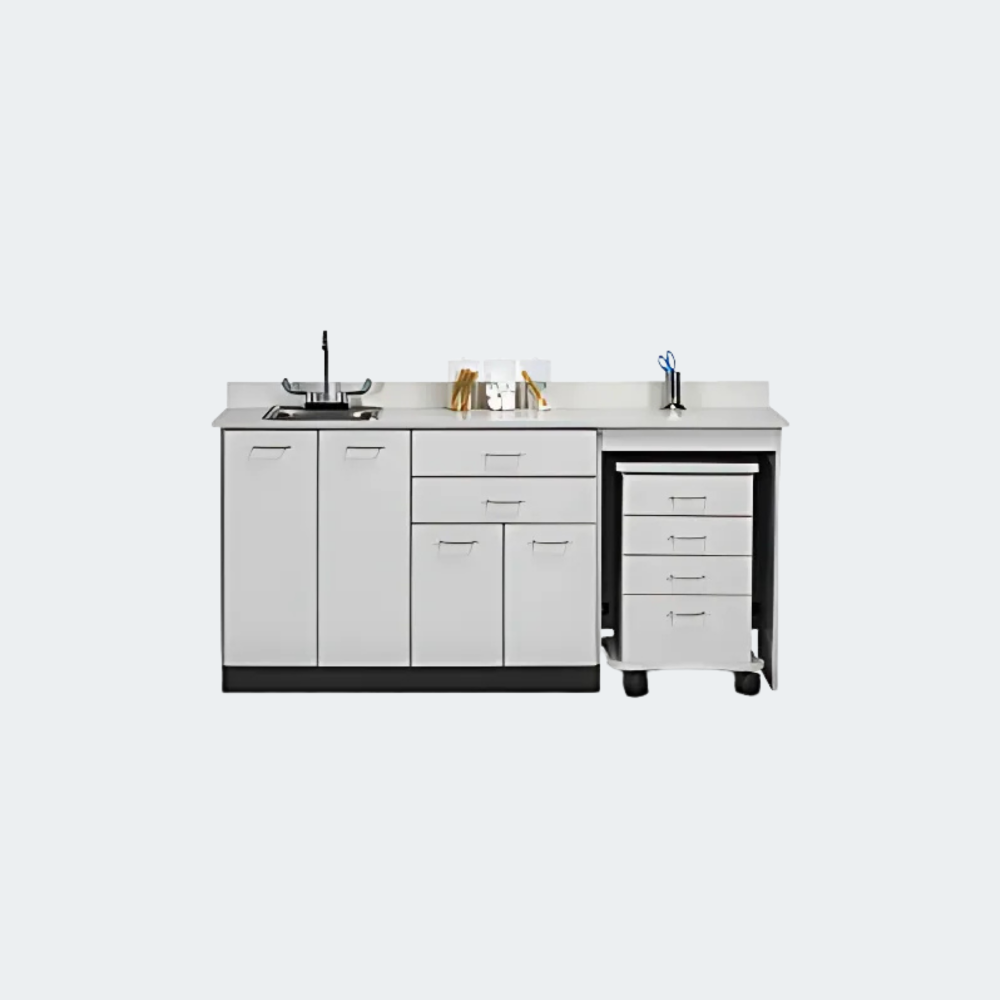 Base cabinet with 4 doors, 2 adjustable shelves, 2 drawers and cart-port
Easy-clean, all laminate surfaces
Tough, chip resistant edges
Unit is pre-assembled to save installation time
Fully adjustable, soft-close hinges
3.25" backsplash included with top
Laminate cart with 4-drawers, 3" swivel casters,
plastic bumper and one-piece, vacuum-formed, gray-haircell,
textured, top rimmed on all sides
Smooth glide drawers with one-piece metal sides hold up to 75 lbs.