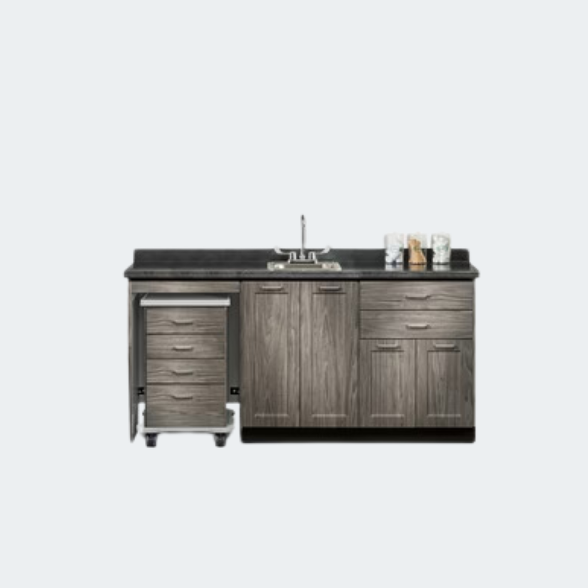 Fully adjustable, soft-close hinges
3.25" backsplash included with top
Matching Fashion Finish cart with 4-drawers, 3" swivel casters,
plastic bumper and one-piece, vacuum-formed, gray-haircell,
textured, top rimmed on all sides
Smooth glide drawers with one-piece metal sides hold up to 75 lbs.
Satin finish pulls