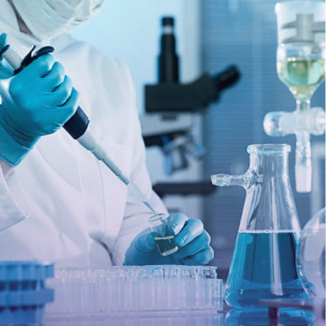 Under "Sustainable Products": A scientist or lab technician, wearing a white lab coat and blue gloves, meticulously pipettes a green liquid from a small vial into a test tube within a sterile, blue-toned laboratory setting, symbolizing research and development for eco-friendly or sustainable medical products.