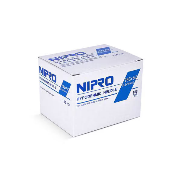 Box of Nipro hypodermic needles on a white background