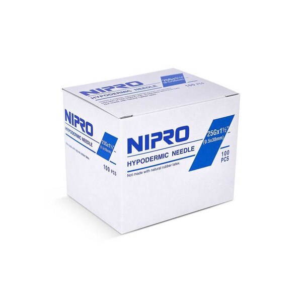 Box of Nipro hypodermic needles on a white background