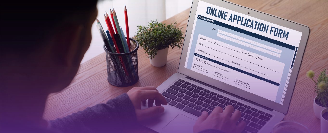 Person typing on a laptop with an "ONLINE APPLICATION FORM" on screen, symbolizing digital resources.