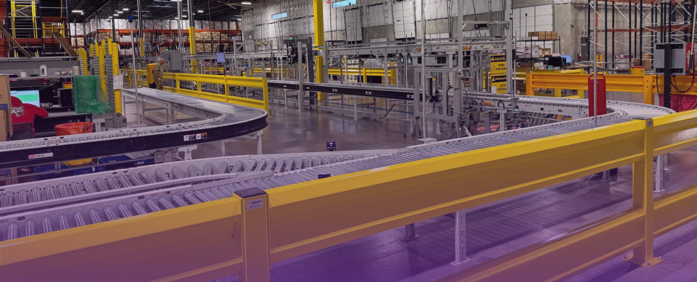 Cover for the Sustainability Page: A wide shot of a modern, organized warehouse interior featuring an extensive, complex network of yellow and gray automated conveyor belts and machinery, symbolizing efficient, streamlined, and environmentally conscious logistics operations.