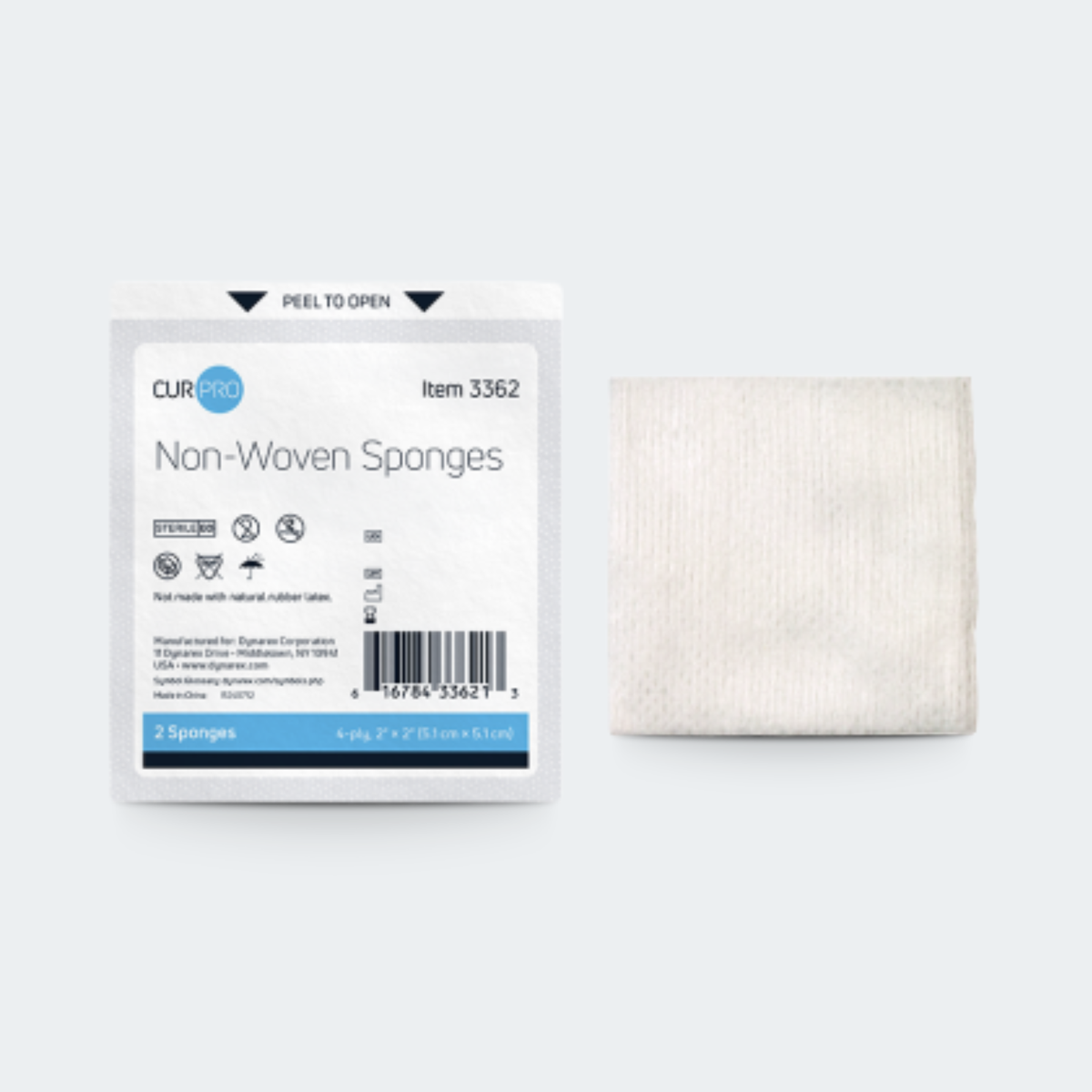 A package of CURPRED Non-Woven Sponges shown next to a single square white sponge on a light gray background.