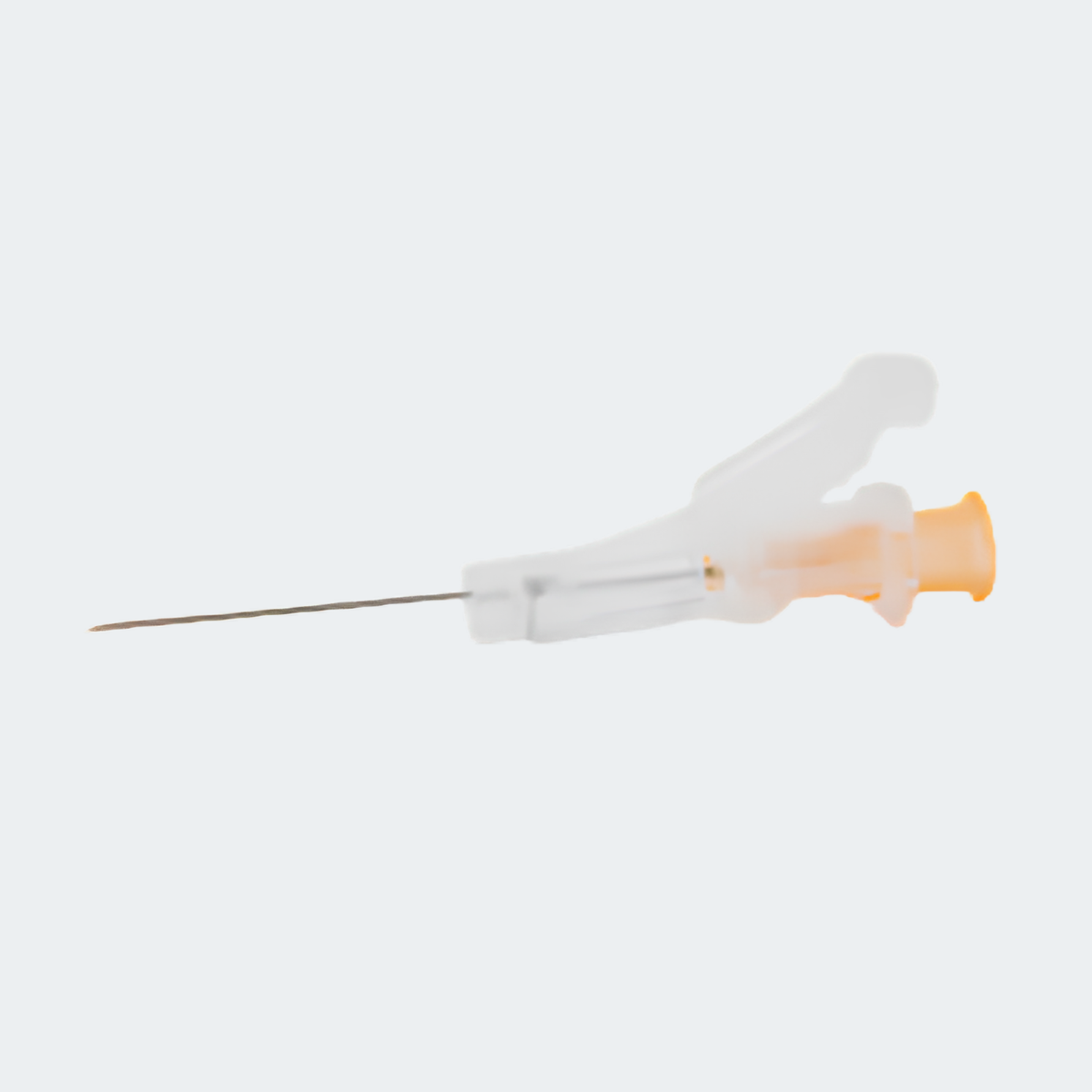 A single-use insulin syringe with a clear plastic body, a fine metal needle, and an orange plunger, shown against a plain light gray background.