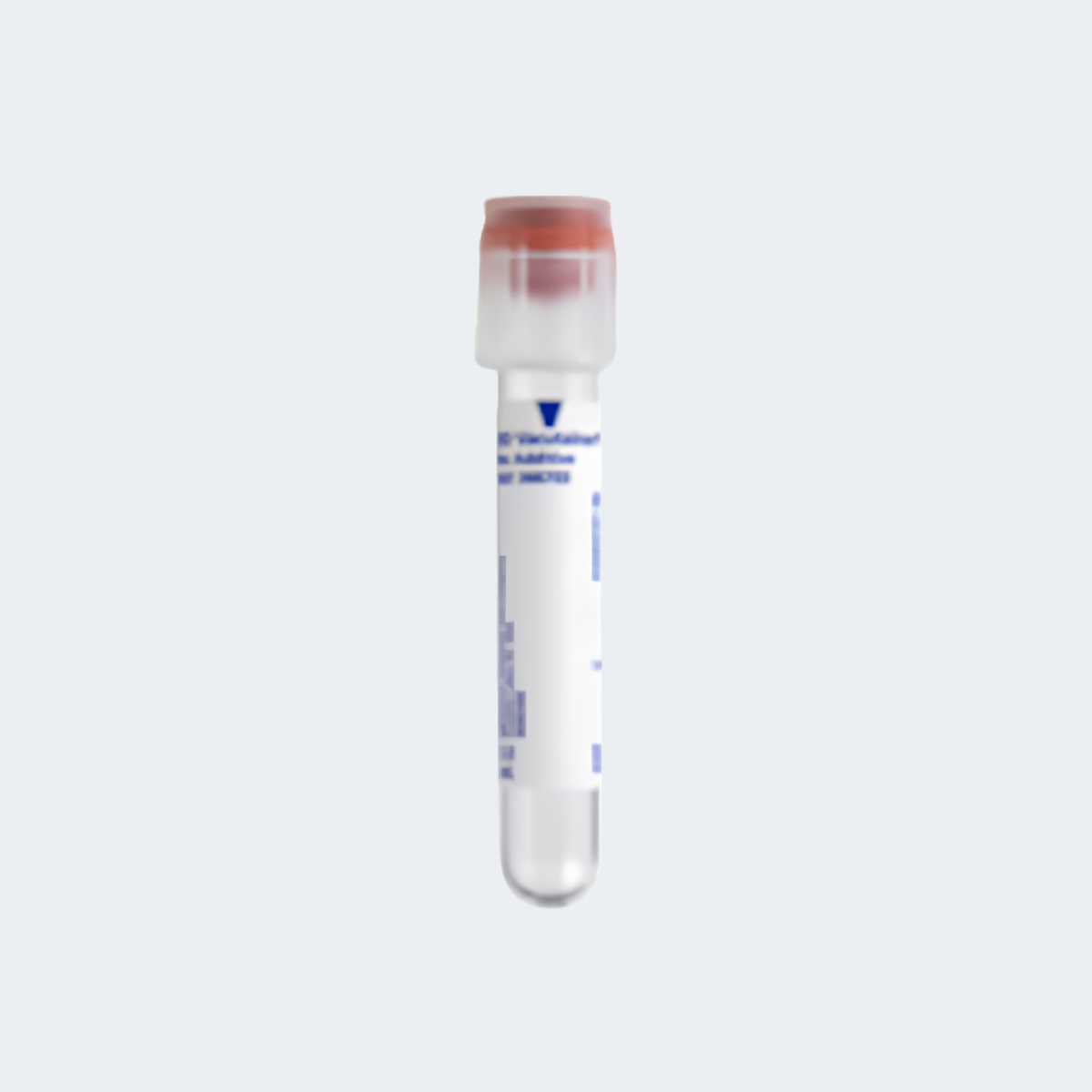 A clear plastic vial with a white cap and blue printed text, shown upright on a light gray background.