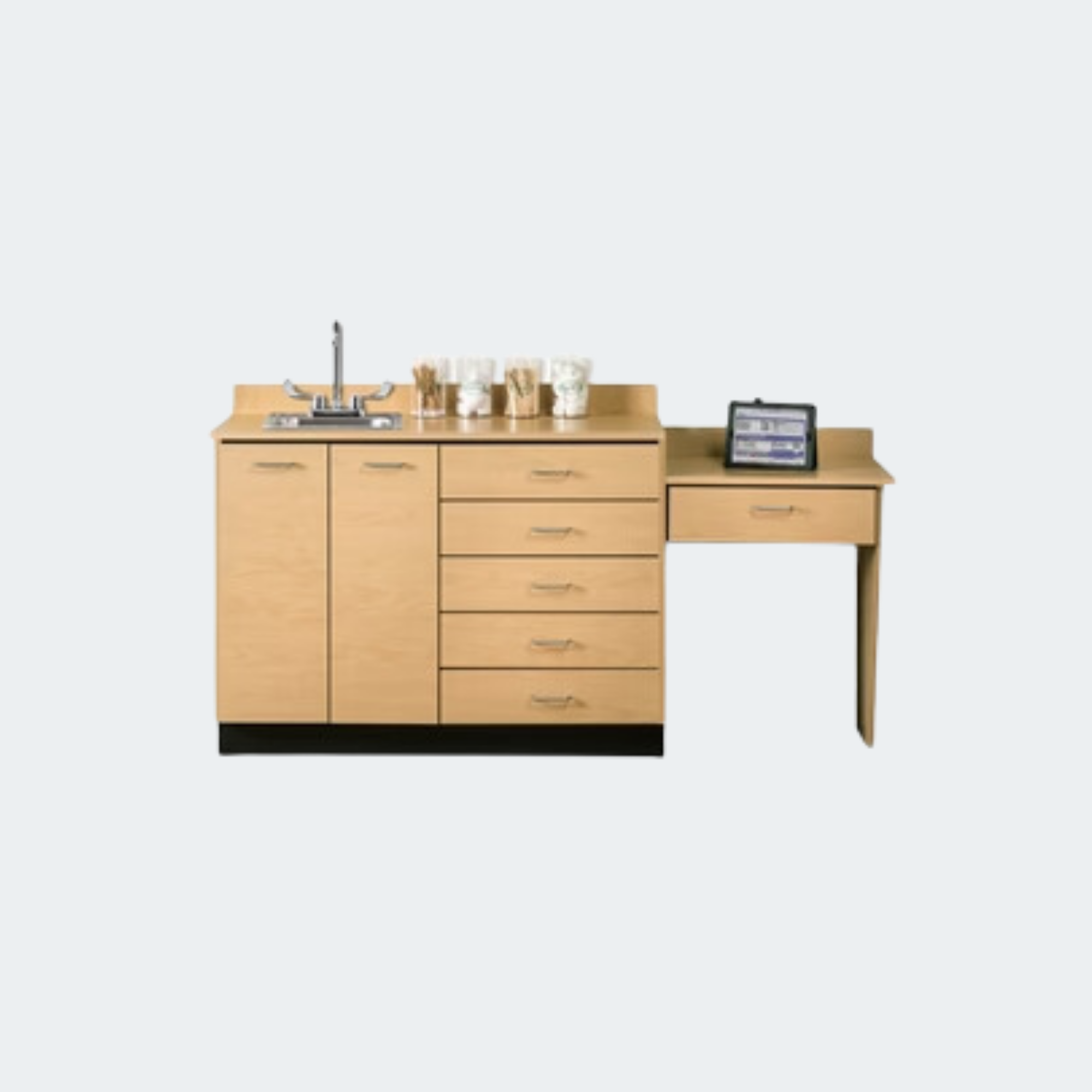 Base Cabinet Set with 2 Doors, 5 Drawers, Desk and Sink