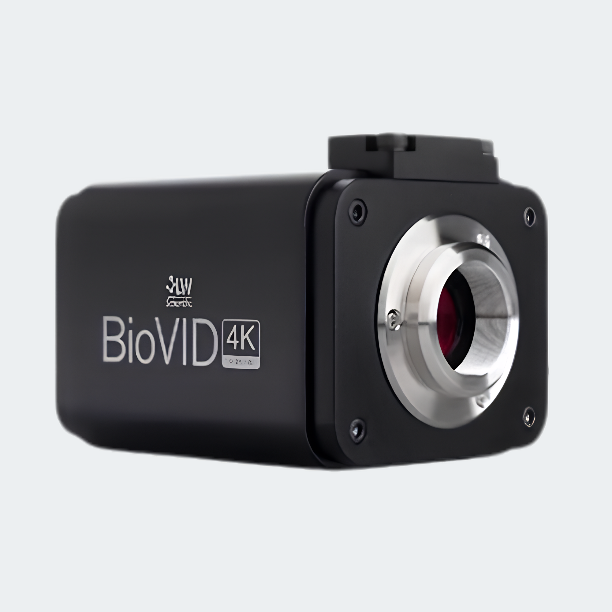 A black BioVID 4K microscope camera with a silver metal lens mount and a red lens element, shown on a light gray background.