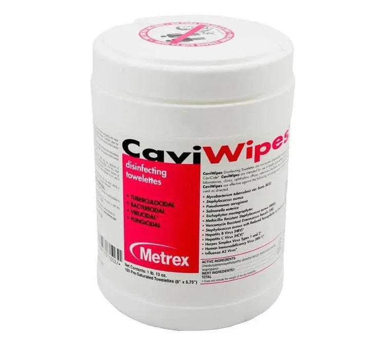 Container of CaviWipes disinfecting towelettes by Metrex on a white background