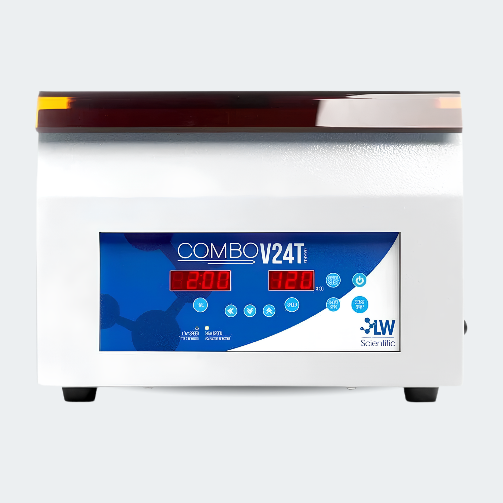 A white countertop laboratory combination device with a blue front control panel, digital red displays, and a dark amber glass lid, branded LW Scientific.