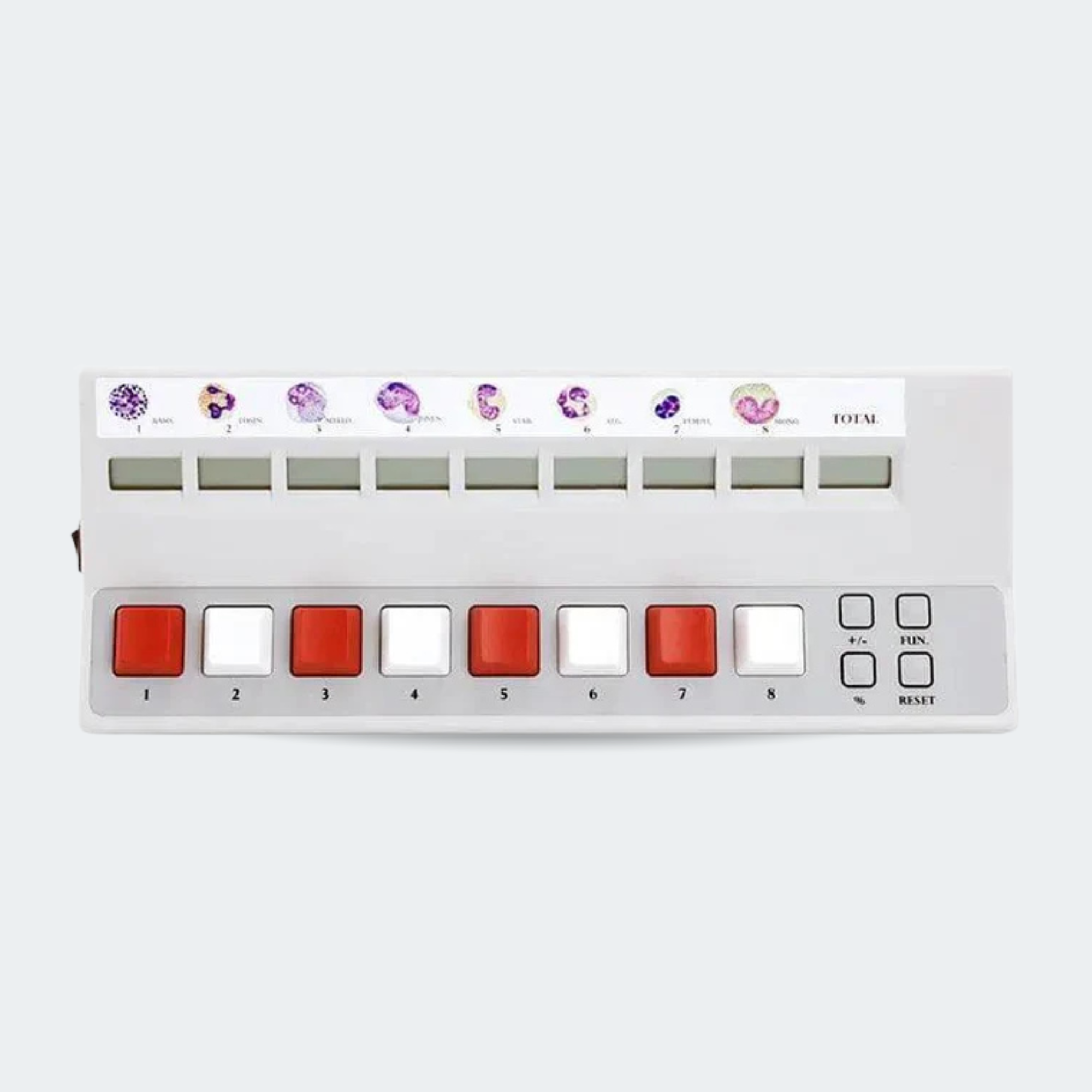 A white electronic control panel with a row of small display screens and a row of square buttons in red and white, labeled 1 through 8, on a light gray background.