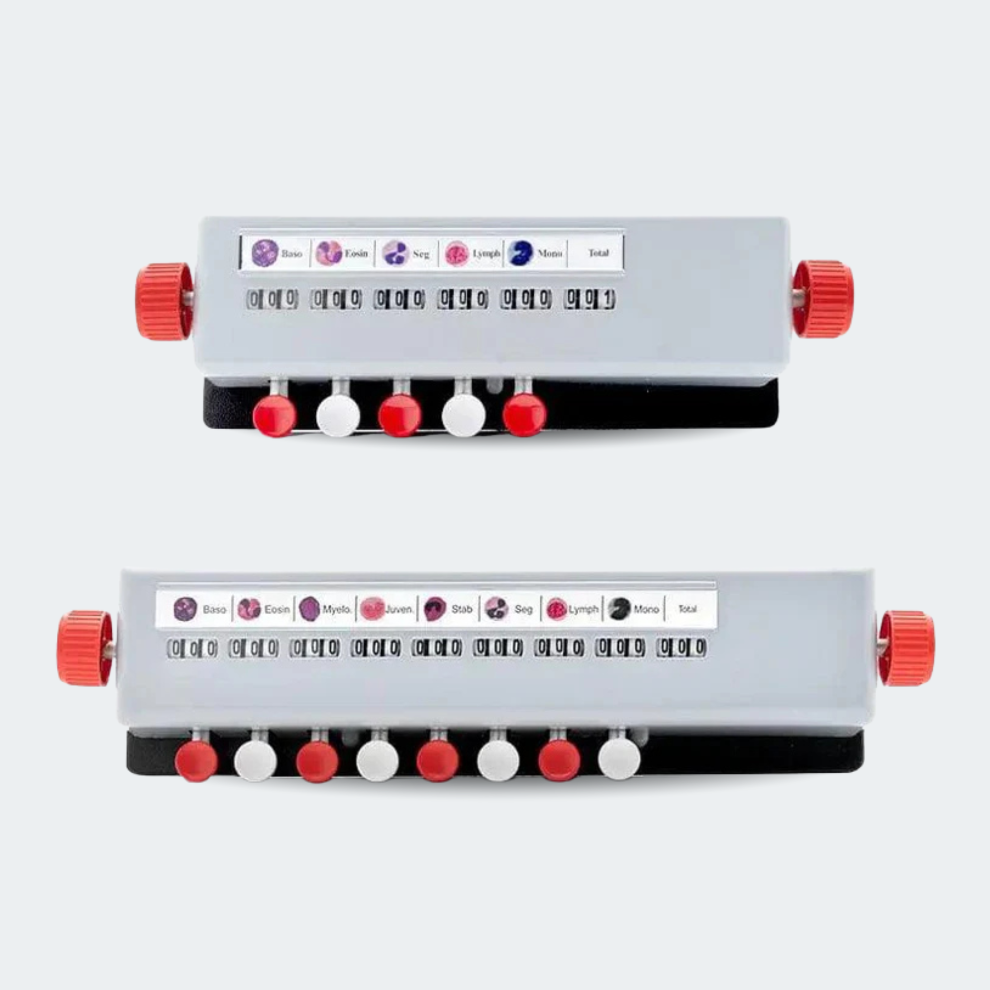 Two electronic medical monitoring devices with a gray casing, red and white buttons, and red adjustment knobs, shown against a light gray background.