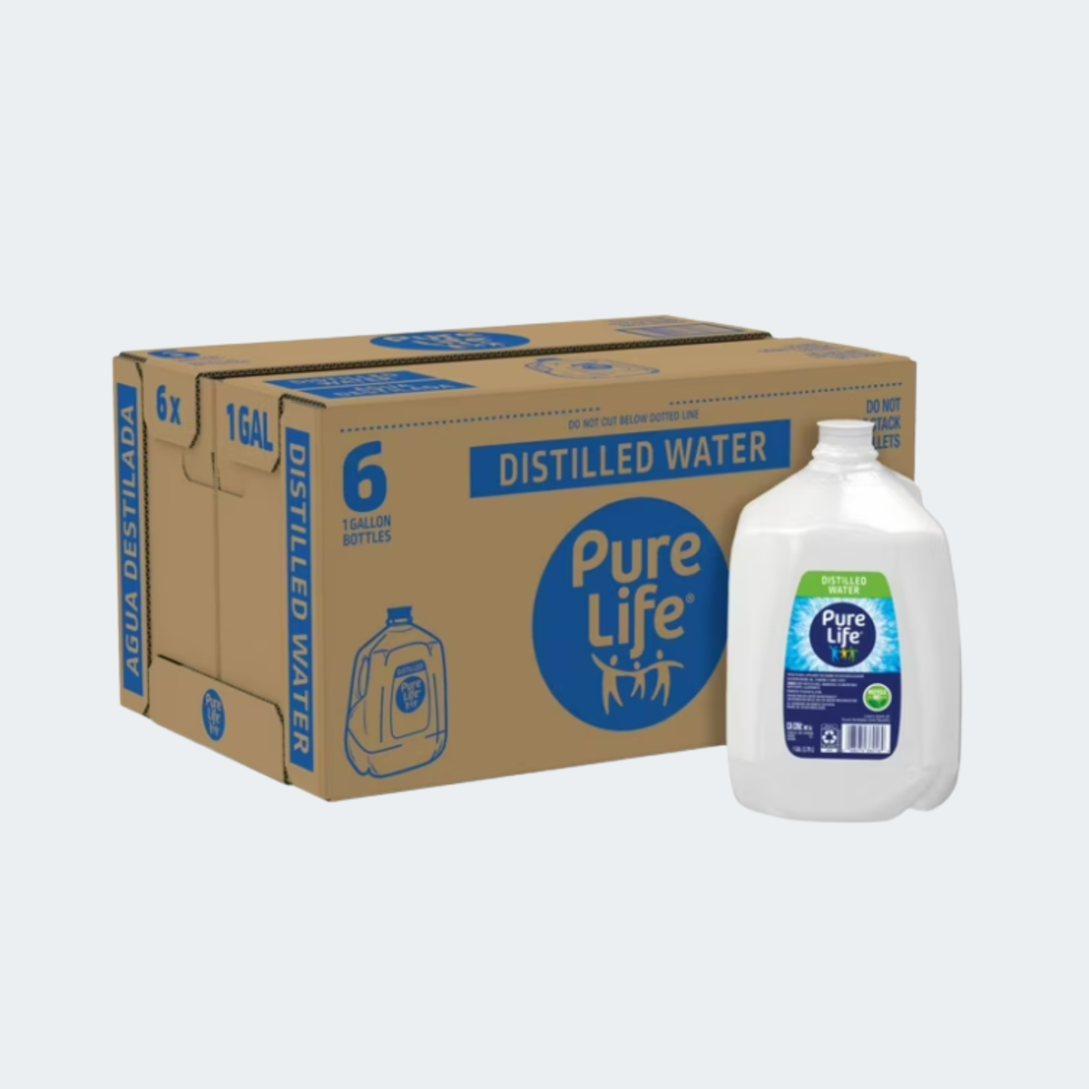 A 6-pack of Pure Life distilled water gallon bottles in a brown cardboard shipping box, with one white plastic gallon bottle shown in front on a light gray background.