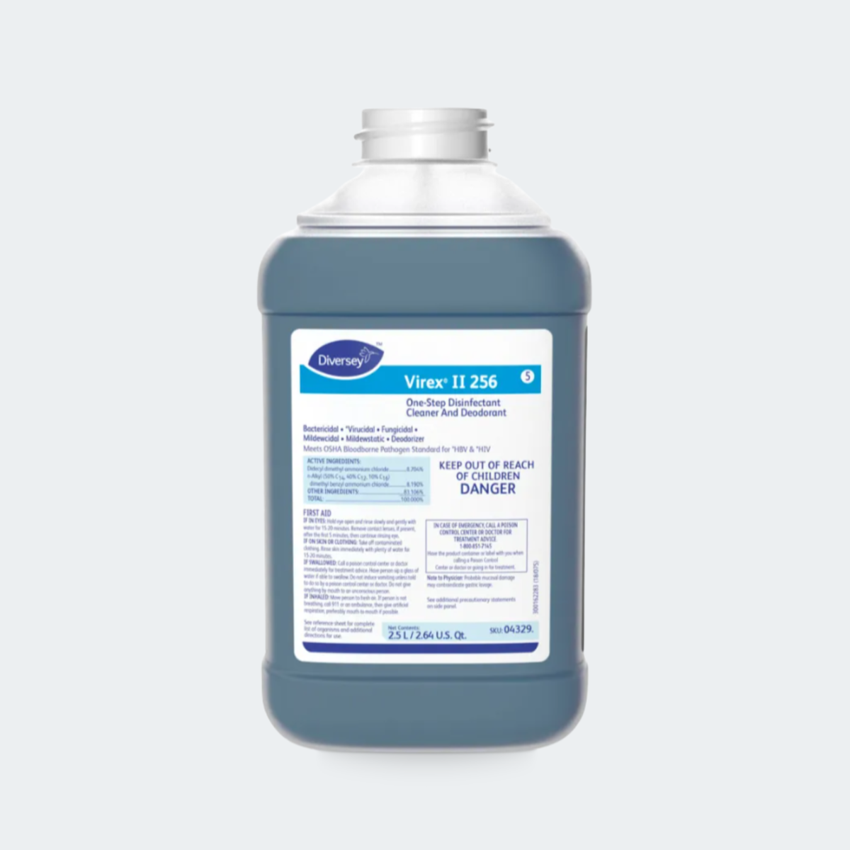 A large plastic bottle of Harney's Virex II 256 One Step Disinfectant Cleaner Acid Neutralizer, featuring a dark gray-blue bottle, white cap, and a white label with blue text, set against a light gray background.