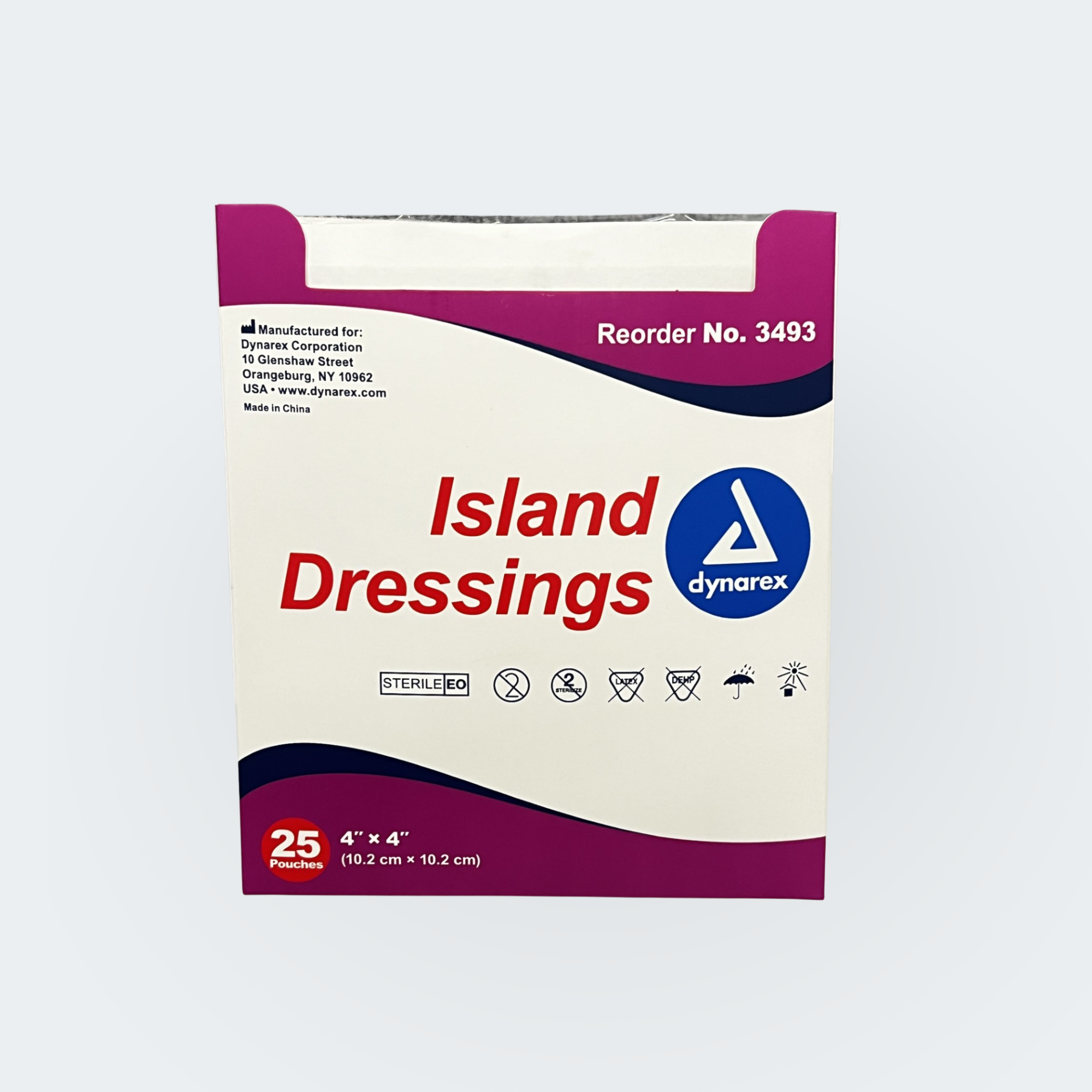 Dynarex Island Dressings, Non-woven/Cotton, 4 Inches x 4 Inches, Square, White, Sterile, Latex-free, #3493