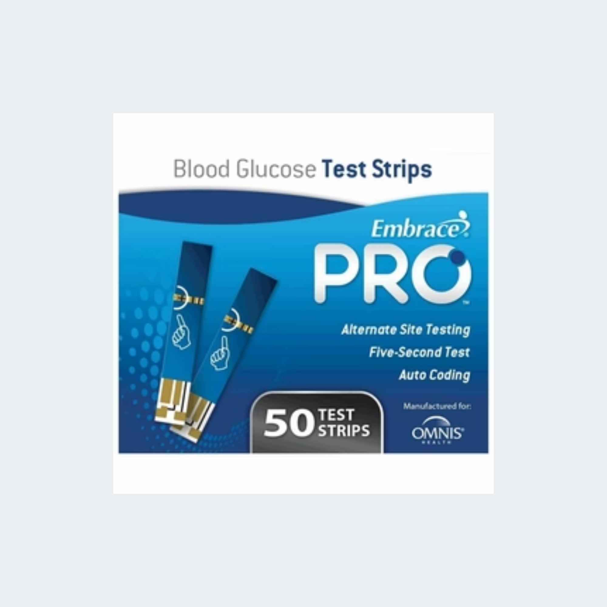 Embrace PRO Blood Glucose Test Strips feature a gold electrode and provide accurate results with 5 seconds; plus, they are auto coding; require only a small, 0.5 microliter sample size; and are ideal for alternate site testing.