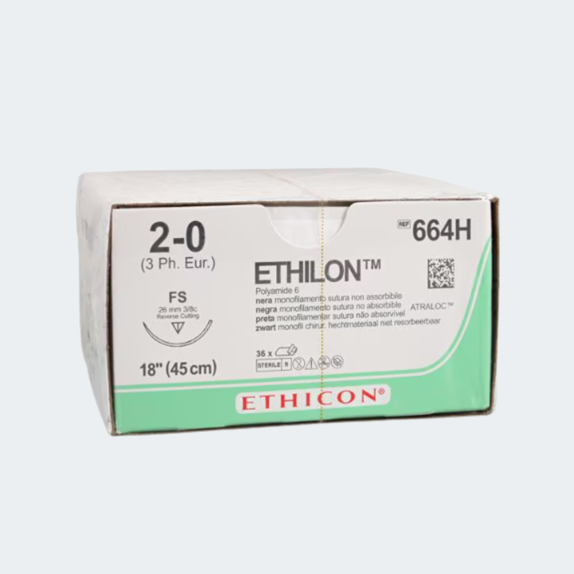 Ethicon 664G Ethilon Nylon Suture, Monofilament, 2-0 Non-Absorbable FS Black 18"
