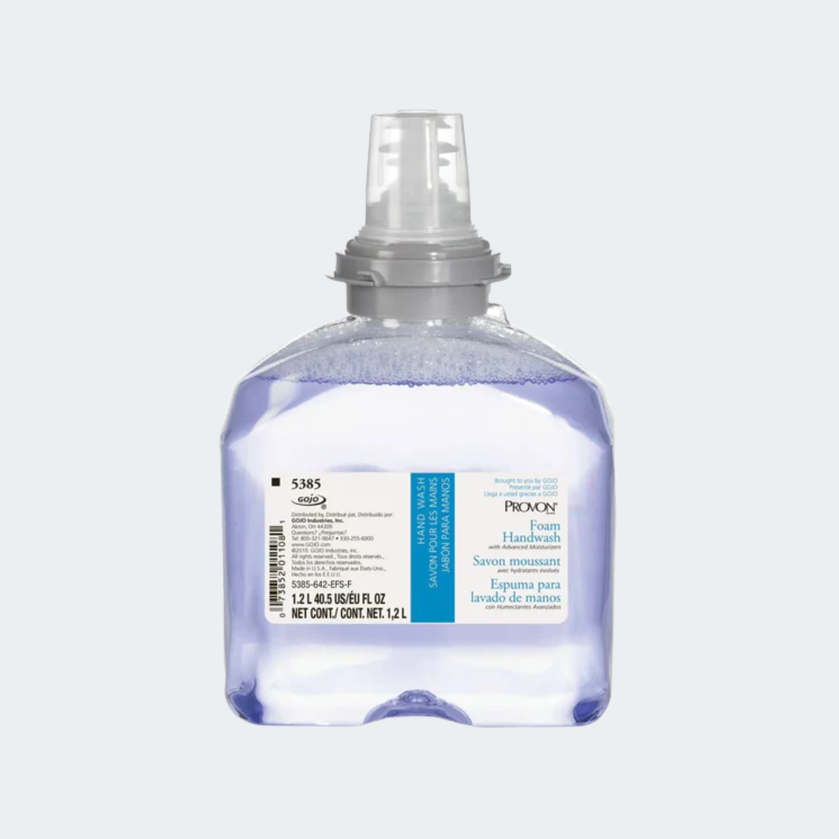 A bottle of Pico-Gray Foam Handwash with a clear cap and gray dispenser collar, containing light blue liquid, on a light gray background.
