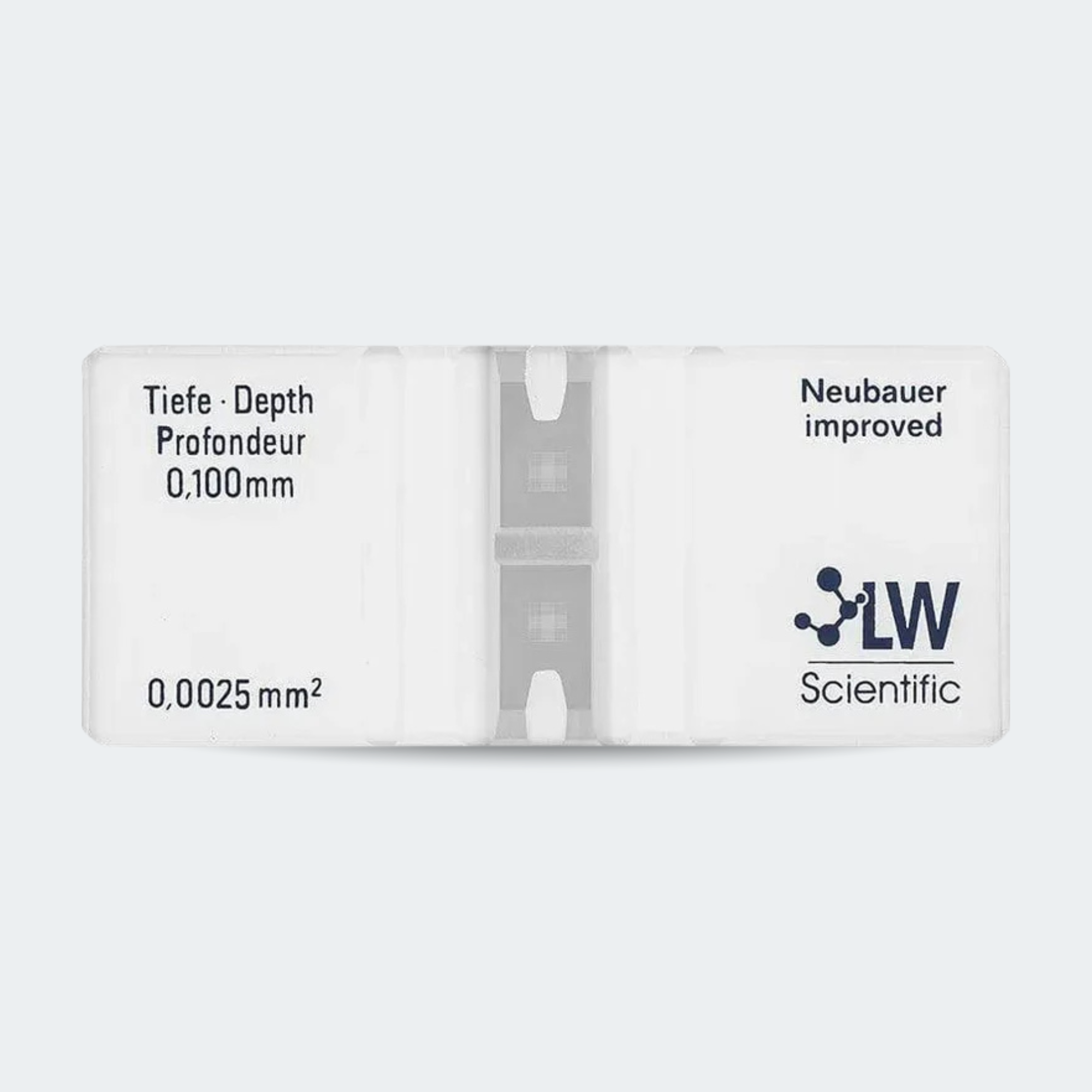 A Neubauer improved depth of field slide cover by LW Scientific, showing a white plastic cover with black text detailing depth and focus specifications, set against a light gray background.