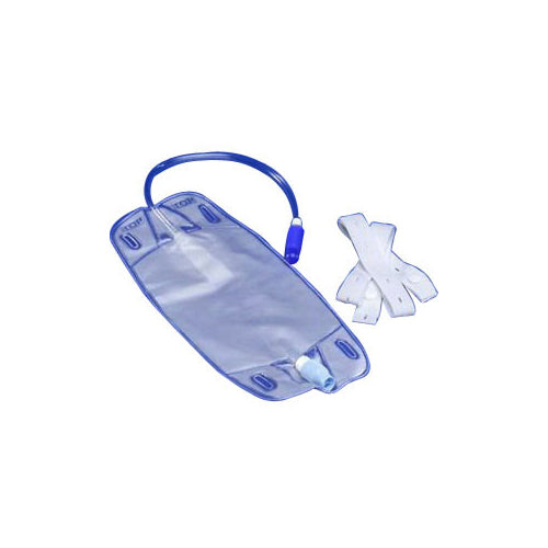 A translucent blue hydration bladder with a matching blue drinking tube and two white adhesive straps, shown on a plain white background.