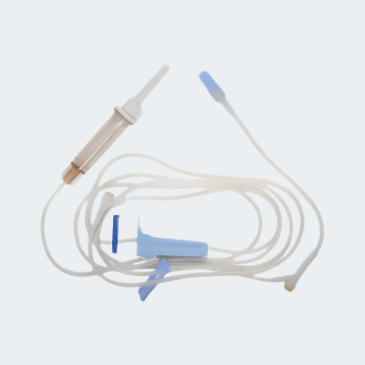 A medical infusion or IV drip set with a clear plastic syringe barrel, clear tubing, and light blue plastic connectors, shown on a light gray background.