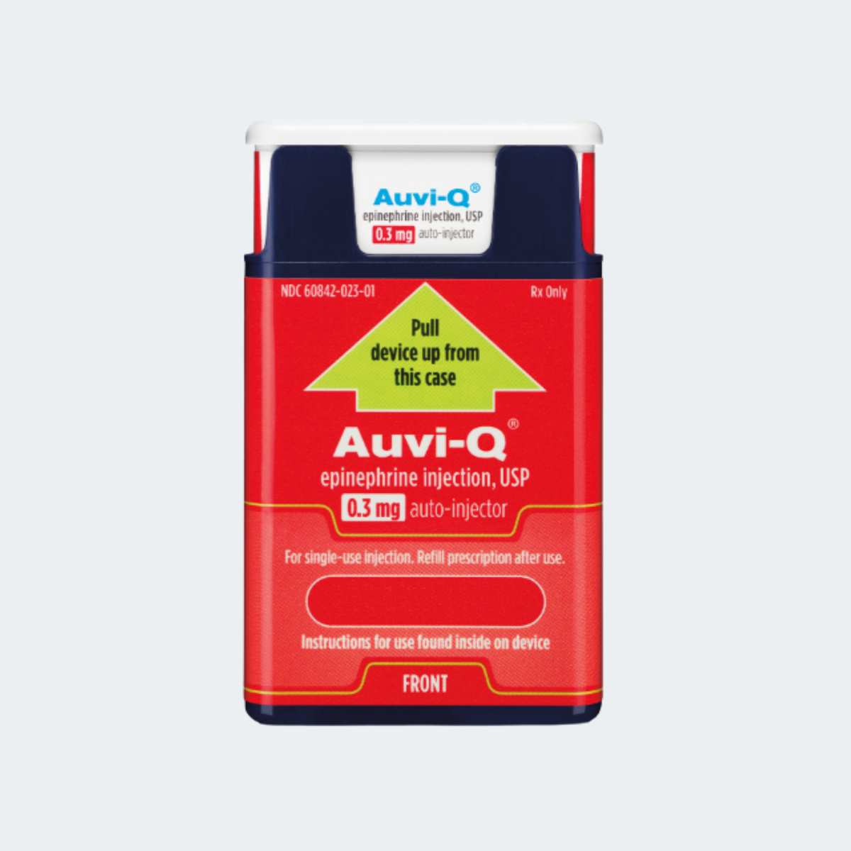 Auvi-Q 0.5 mg epinephrine auto-injector in its red and navy blue retail packaging, shown against a light gray background.