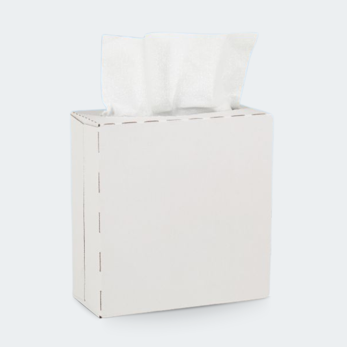 A minimalist white tissue box with a single white tissue paper pulled from the top, set against a clean, light gray studio background.