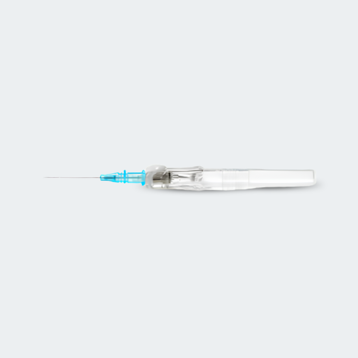 A single clear plastic injection syringe with a blue needle hub and a very fine needle, shown horizontally against a light gray background.