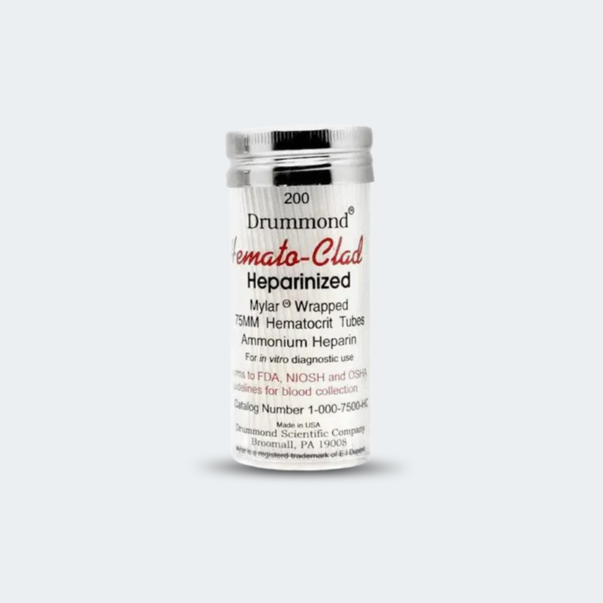 MicroHematocrit Tubes; 75mm; Mylar-clad Glass; NH4 heparinized; Case of 5 vials (1000 tubes)