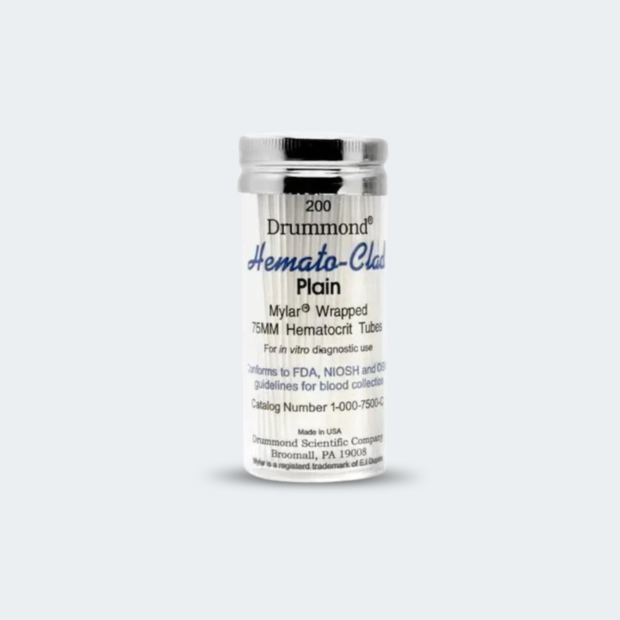 MicroHematocrit Tubes; 75mm; Mylar-clad Glass; Plain; Case of 5 vials (1000 tubes)