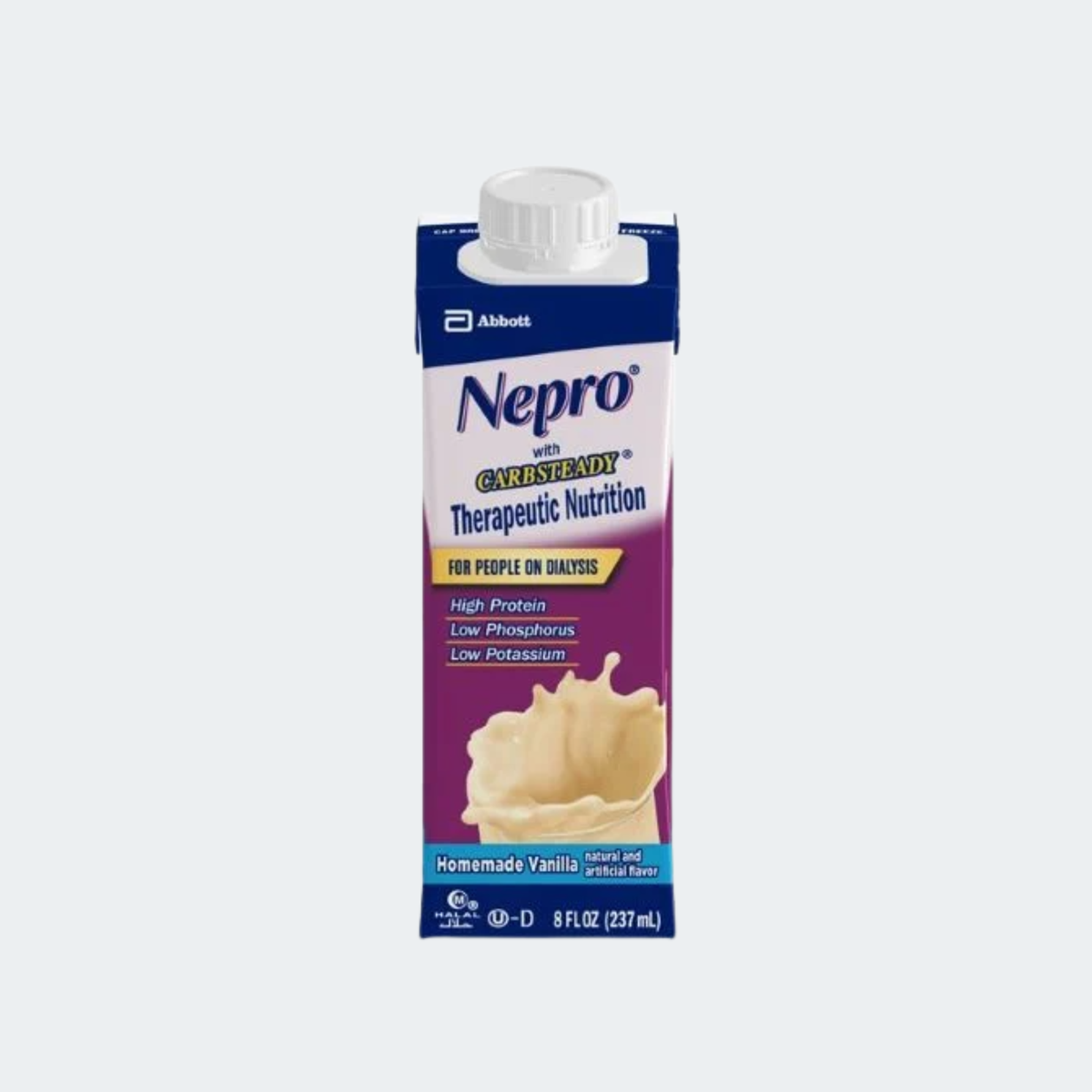 A 8 fl oz carton of Abbotts Nepro with CareFaster Therapeutic Nutrition, Homemade Vanilla flavor, shown on a light gray background.