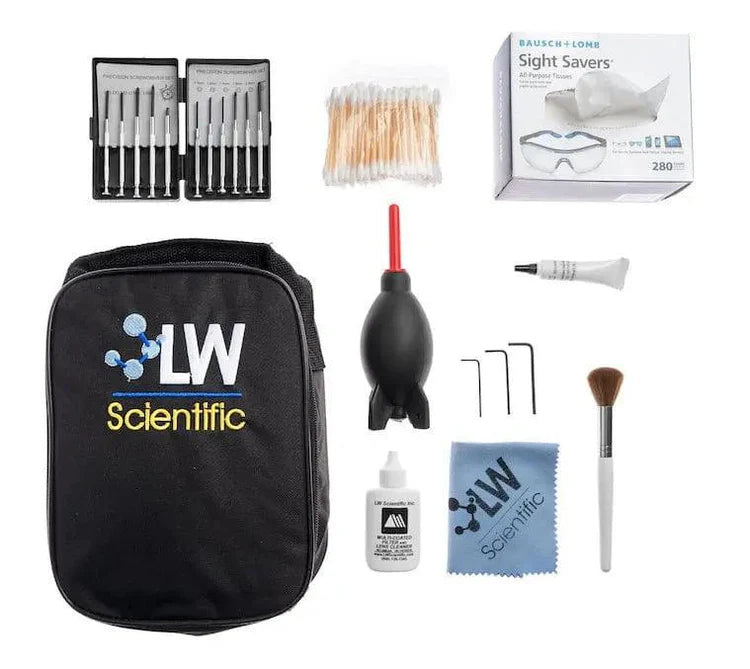 Collection of LW Scientific cleaning and maintenance tools on a white background