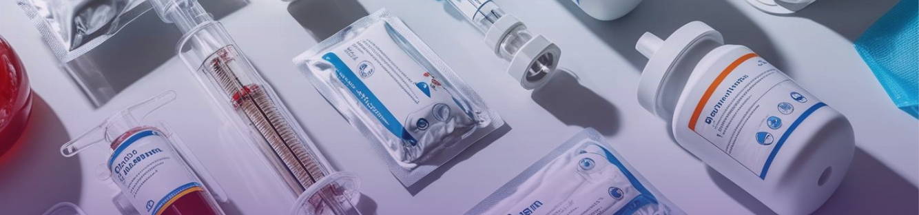 Product page banner displaying a flat lay of various medical supplies, including large syringes, individually packaged sterile kits, medical filters, and labeled bottles, arranged on a light surface.