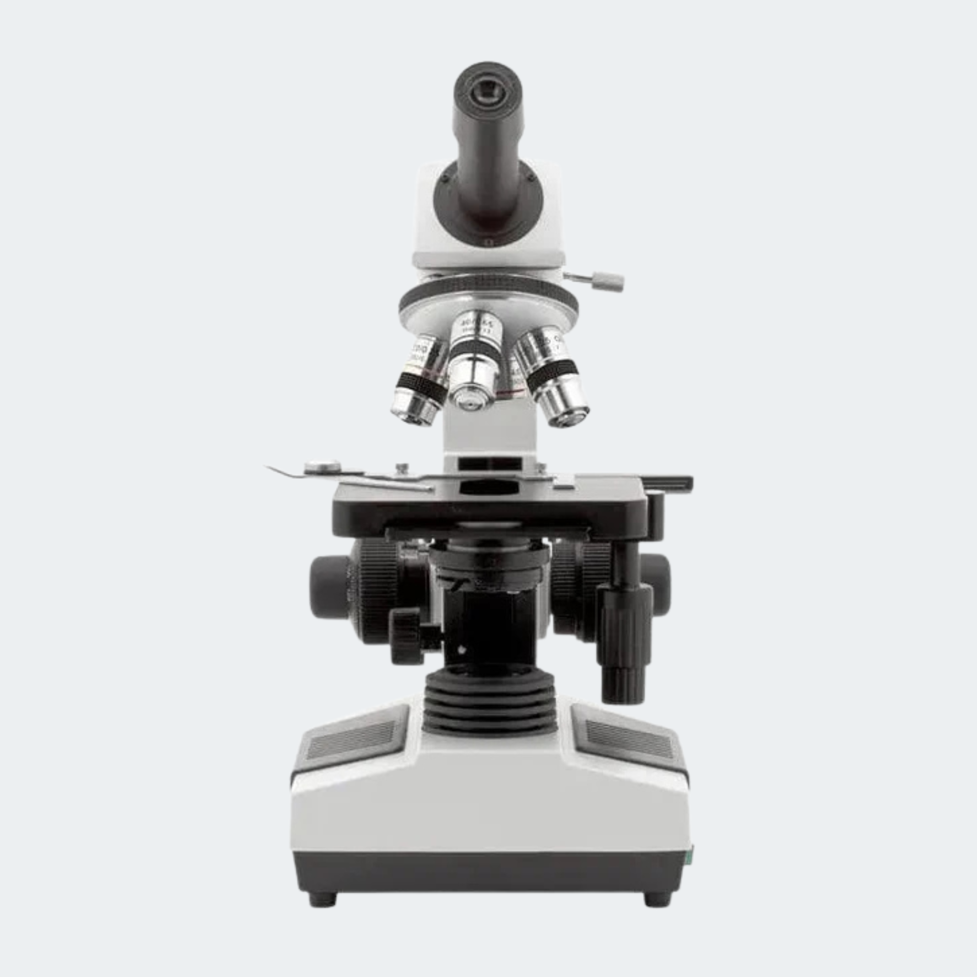 A black and white compound microscope shown from a front-facing perspective against a light gray background.