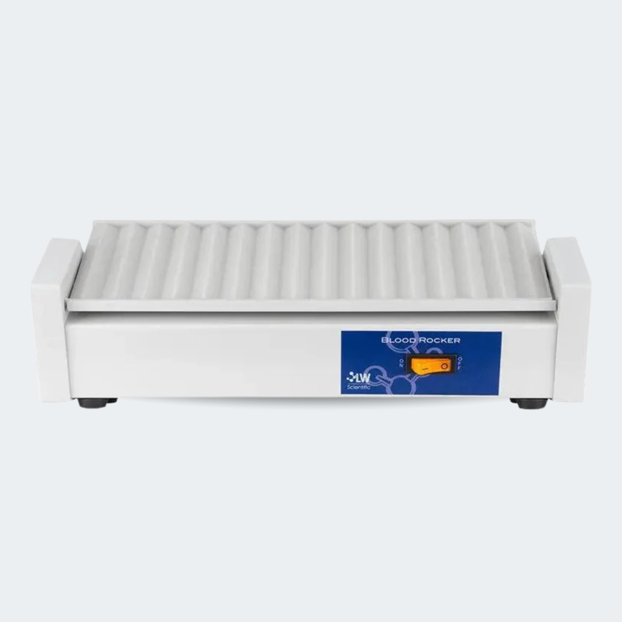 A 3M Bloodoperator blood cell incubator and spinner, featuring a white plastic body with a ribbed top lid, black feet, and a blue front control panel with an orange switch.