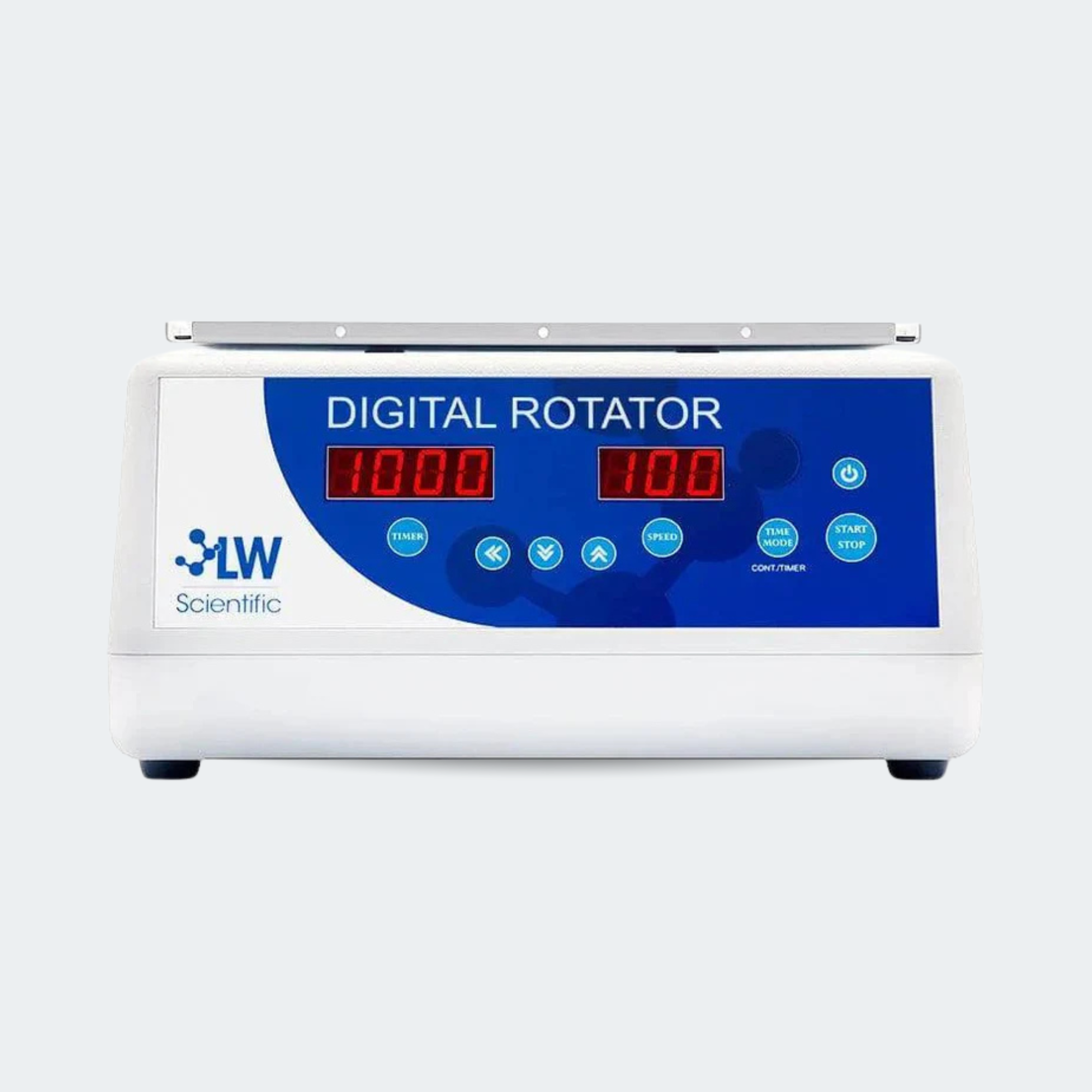 An LW Scientific digital rotator machine with a white body, a blue front control panel, and digital LED displays, shown against a light gray background.