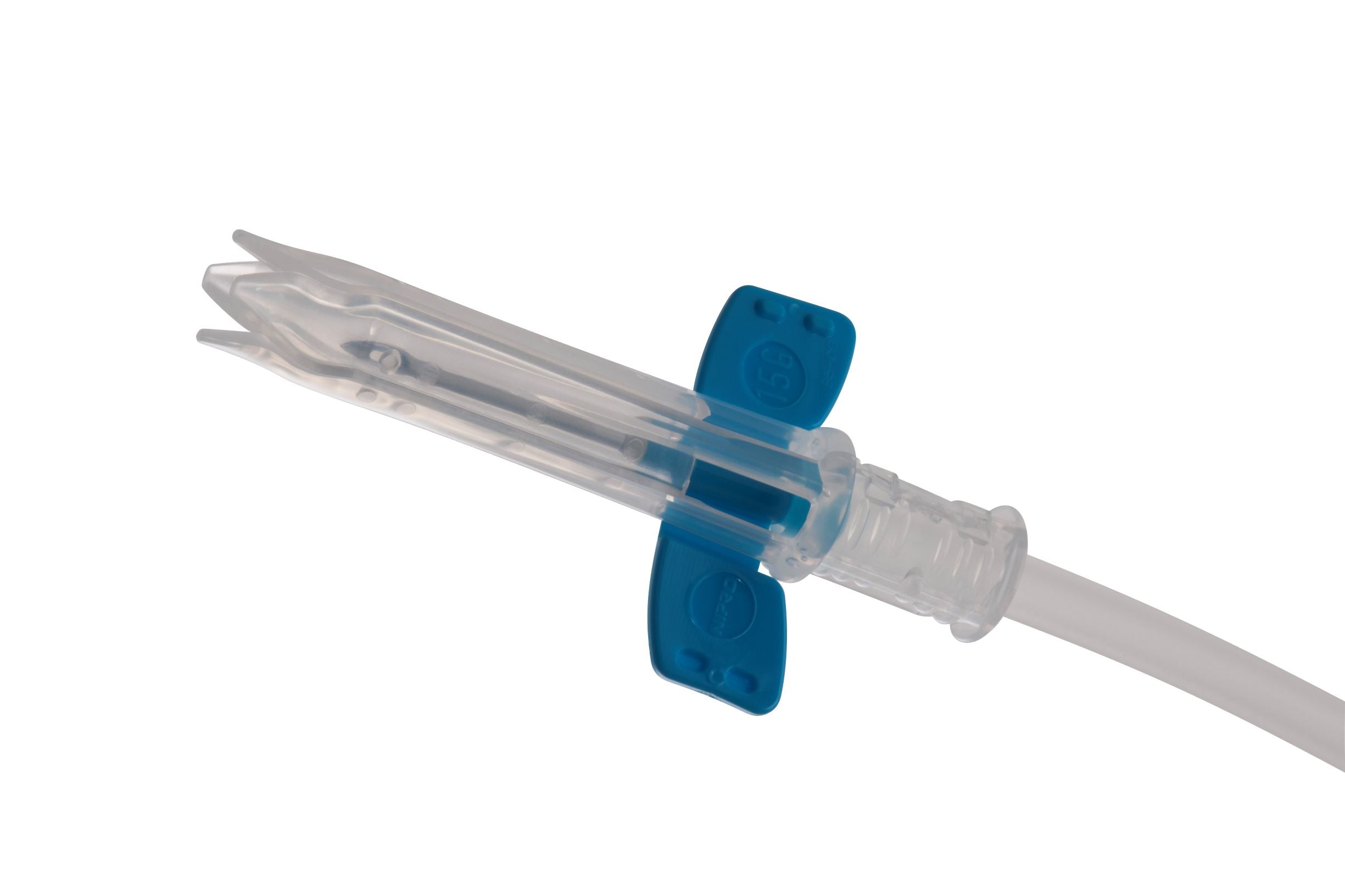 Clear medical device with blue clip on a white background